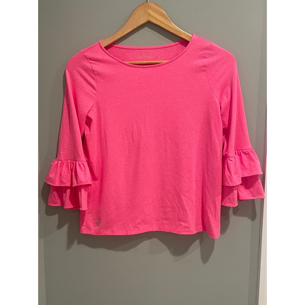 Lilly Pulitzer Kids Ruffle Sleeve Top Bright‎ Pink Cotton Blend Size XL